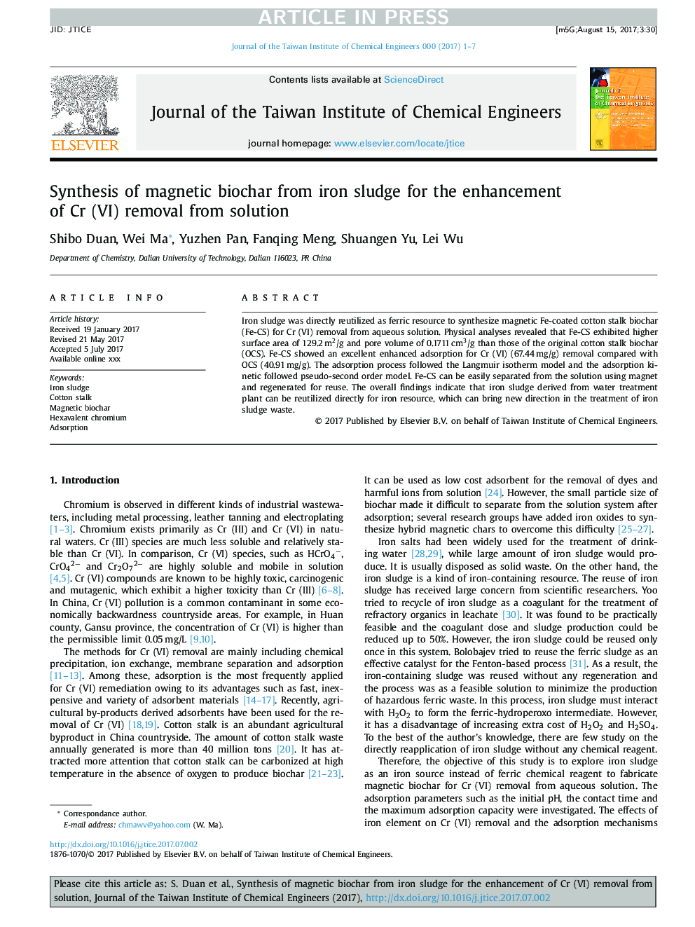 Synthesis of magnetic biochar from iron sludge for the enhancement of Cr (VI) removal from solution