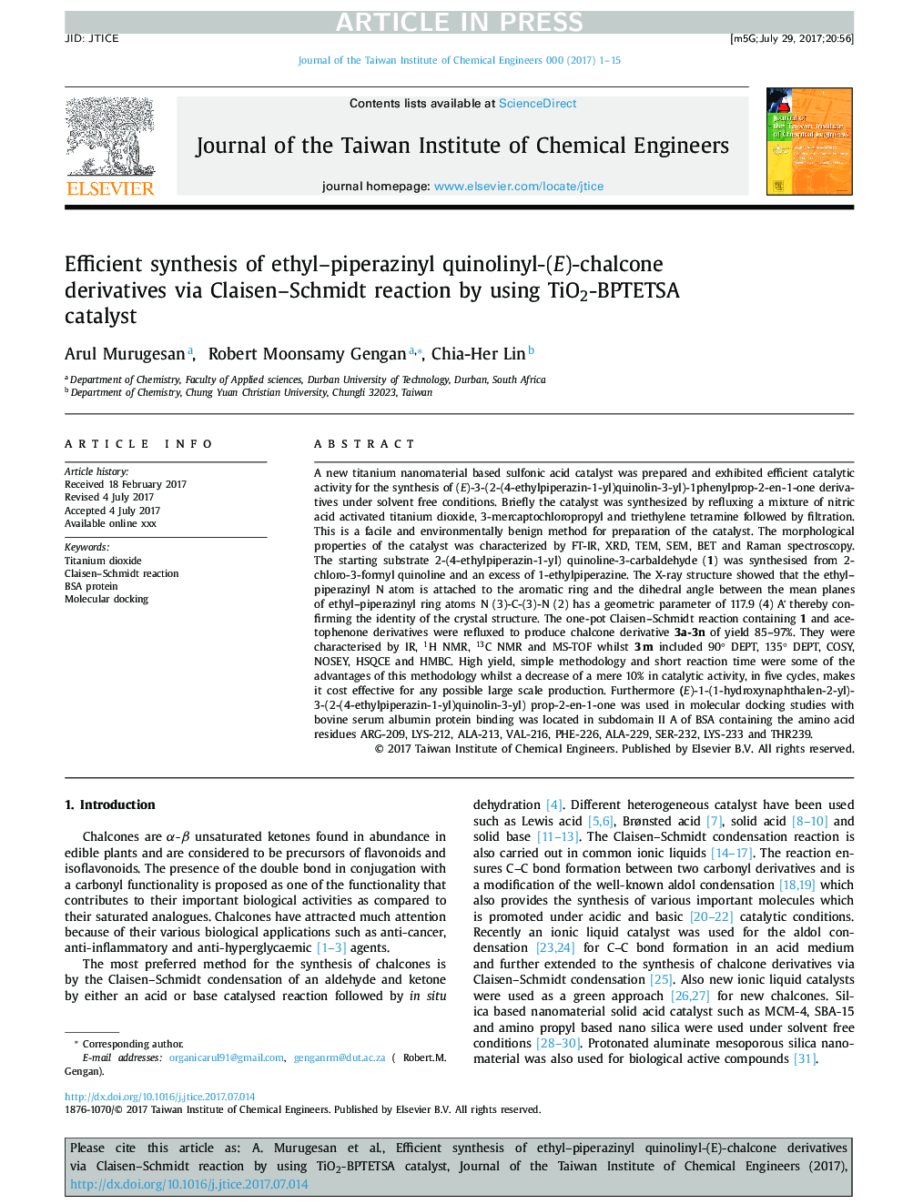 Efficient synthesis of ethyl-piperazinyl quinolinyl-(E)-chalcone derivatives via Claisen-Schmidt reaction by using TiO2-BPTETSA catalyst