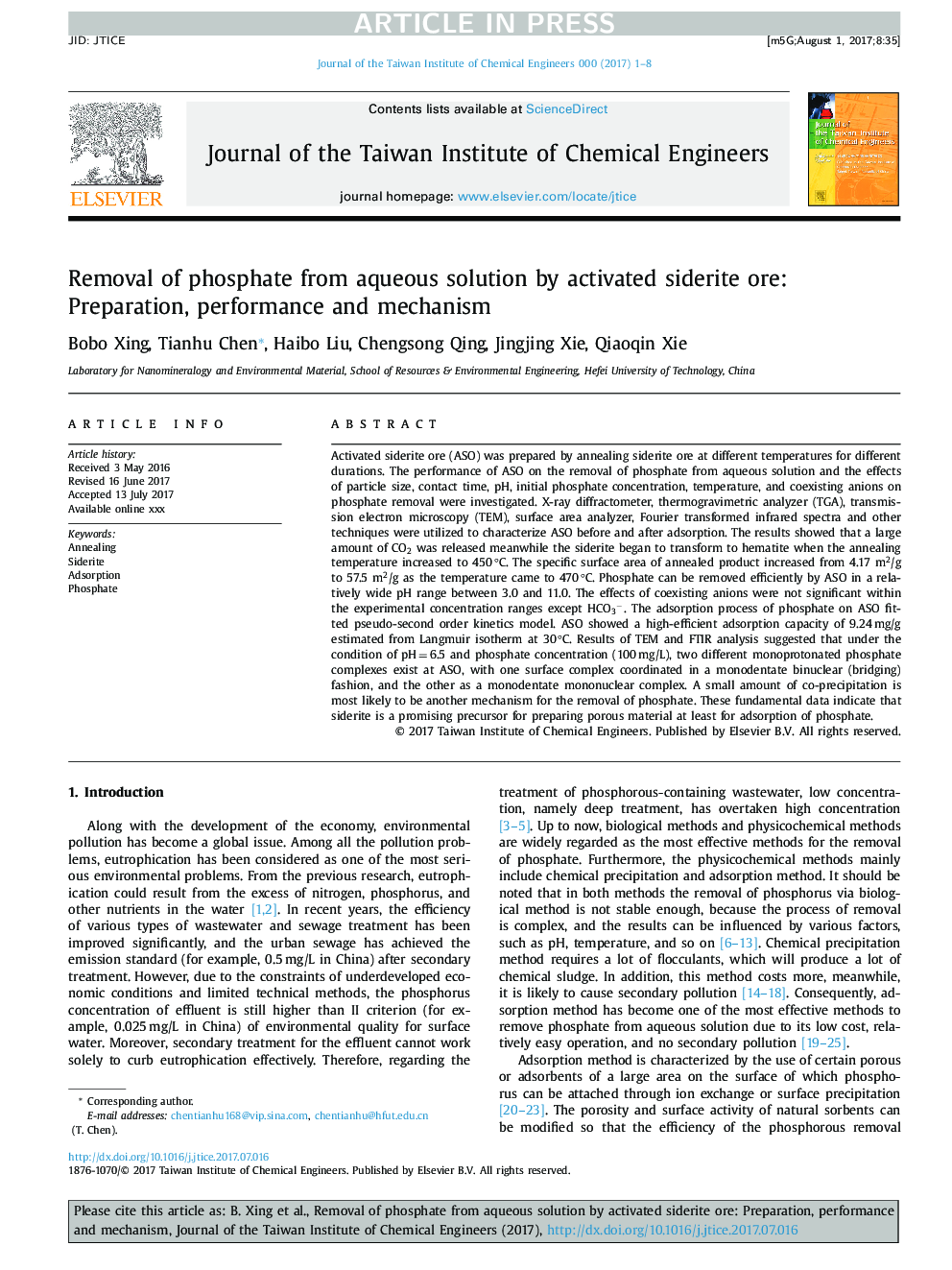 Removal of phosphate from aqueous solution by activated siderite ore: Preparation, performance and mechanism