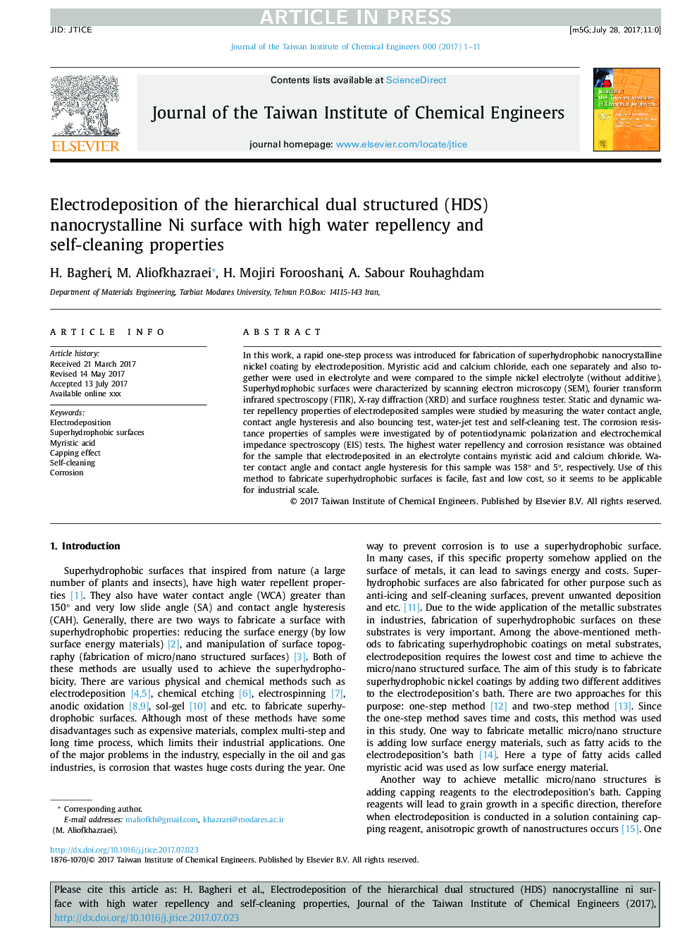Electrodeposition of the hierarchical dual structured (HDS) nanocrystalline Ni surface with high water repellency and self-cleaning properties