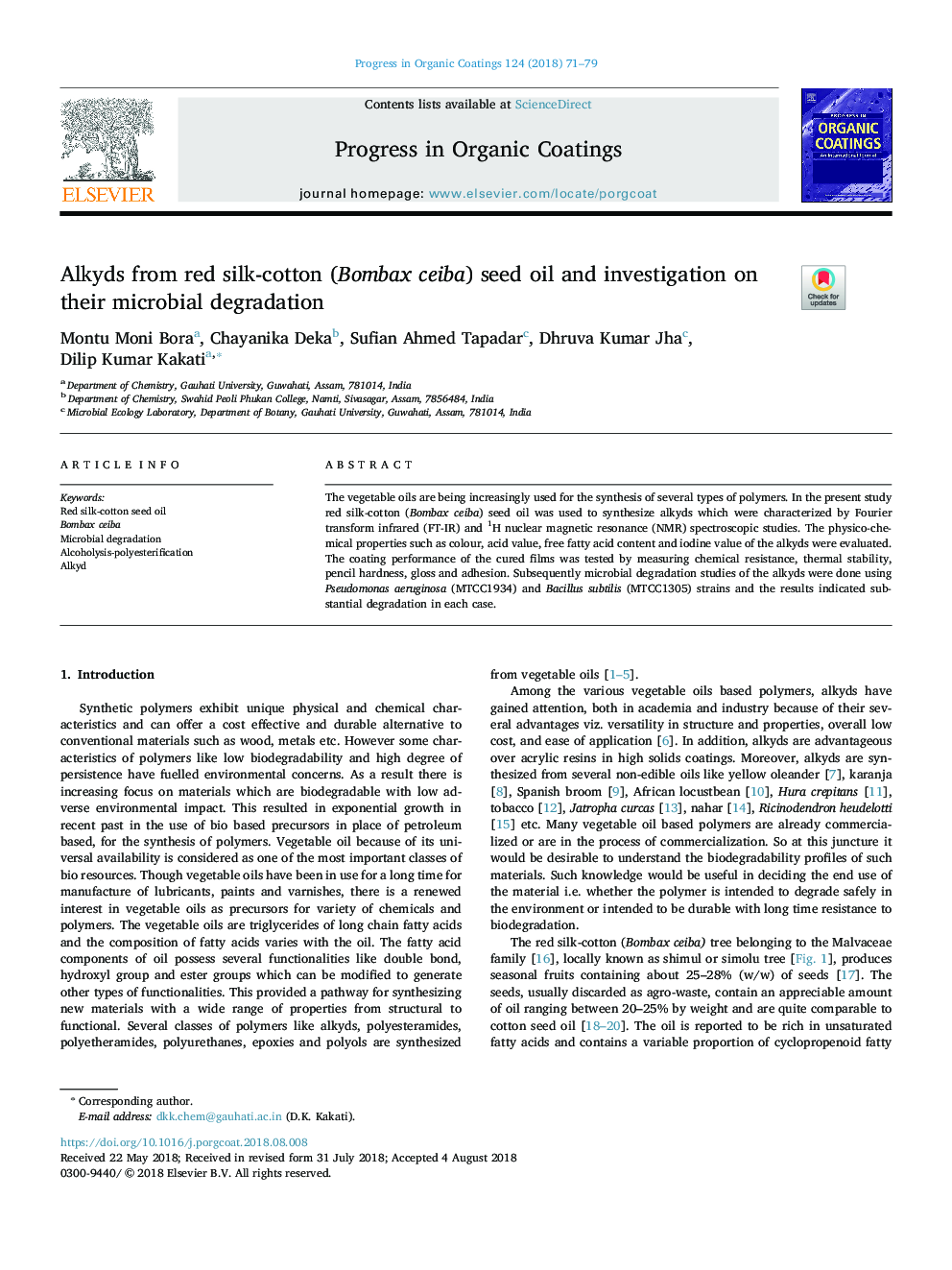 Alkyds from red silk-cotton (Bombax ceiba) seed oil and investigation on their microbial degradation