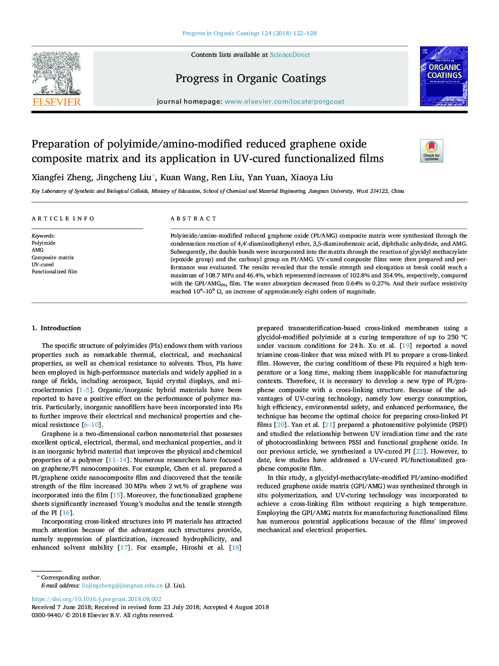 Preparation of polyimide/amino-modified reduced graphene oxide composite matrix and its application in UV-cured functionalized films