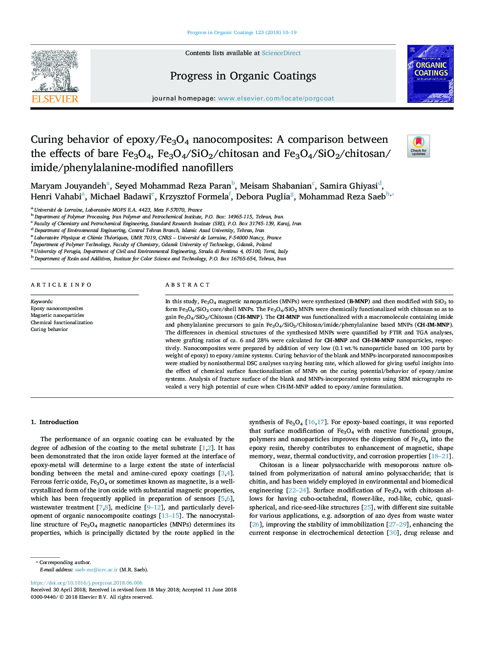 Curing behavior of epoxy/Fe3O4 nanocomposites: A comparison between the effects of bare Fe3O4, Fe3O4/SiO2/chitosan and Fe3O4/SiO2/chitosan/imide/phenylalanine-modified nanofillers