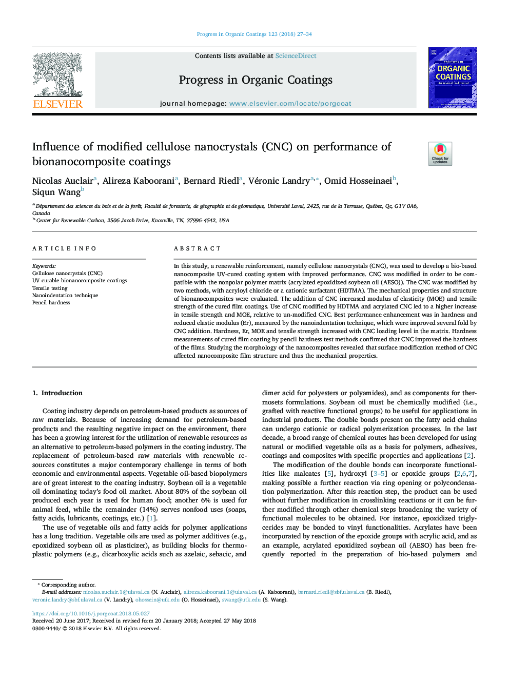 Influence of modified cellulose nanocrystals (CNC) on performance of bionanocomposite coatings