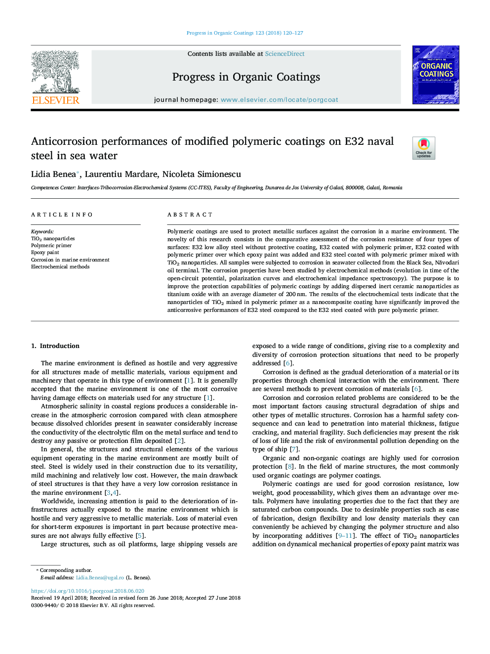 عکس صفحه اول مقاله: Anticorrosion performances of modified polymeric coatings on E32 naval steel in sea water Anticorrosion performances of modified polymeric coatings on E32 naval steel in sea water