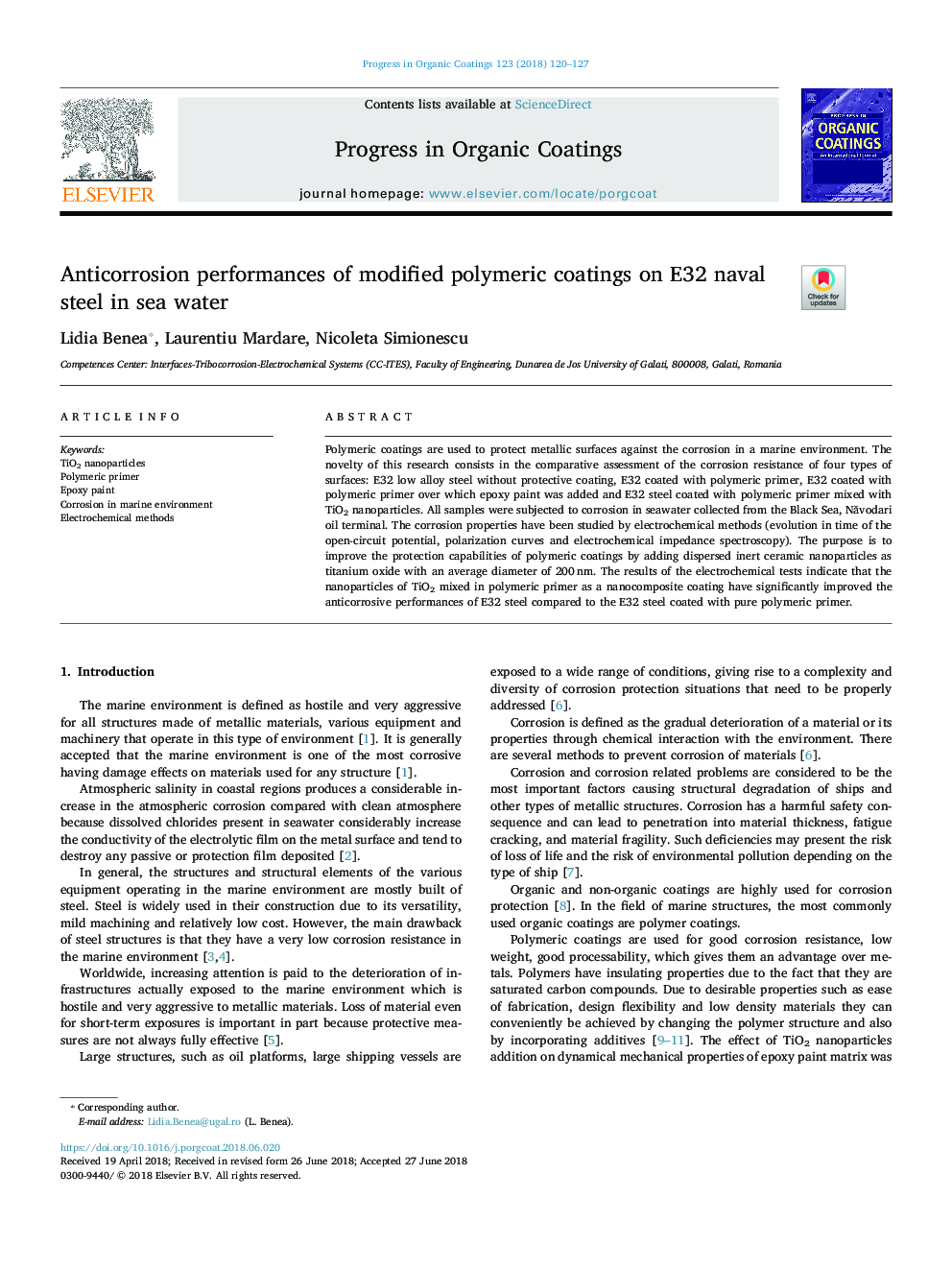 Anticorrosion performances of modified polymeric coatings on E32 naval steel in sea water