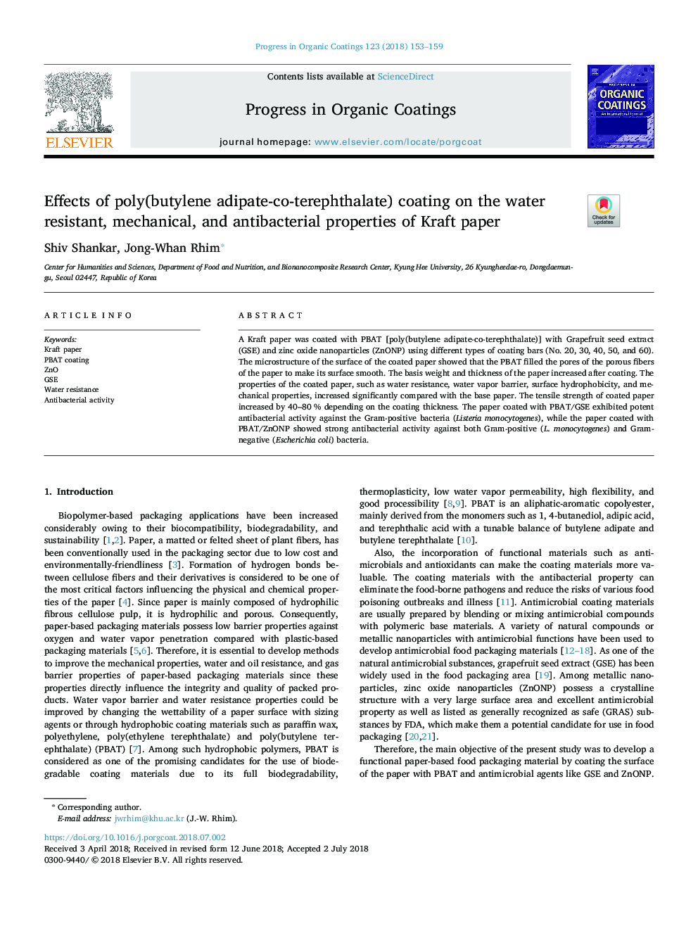 Effects of poly(butylene adipate-co-terephthalate) coating on the water resistant, mechanical, and antibacterial properties of Kraft paper