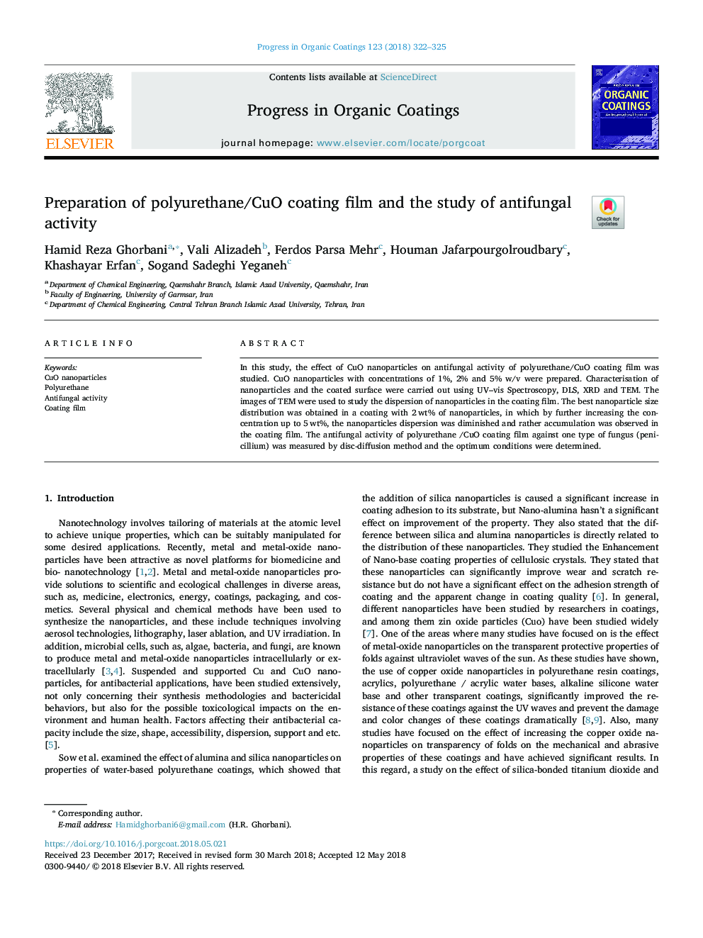 Preparation of polyurethane/CuO coating film and the study of antifungal activity