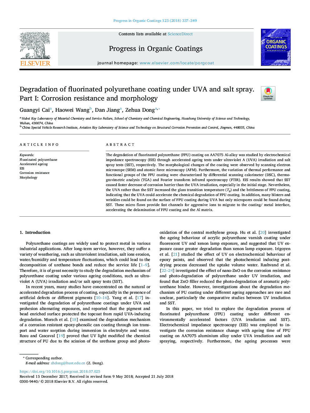 Degradation of fluorinated polyurethane coating under UVA and salt spray. Part I: Corrosion resistance and morphology