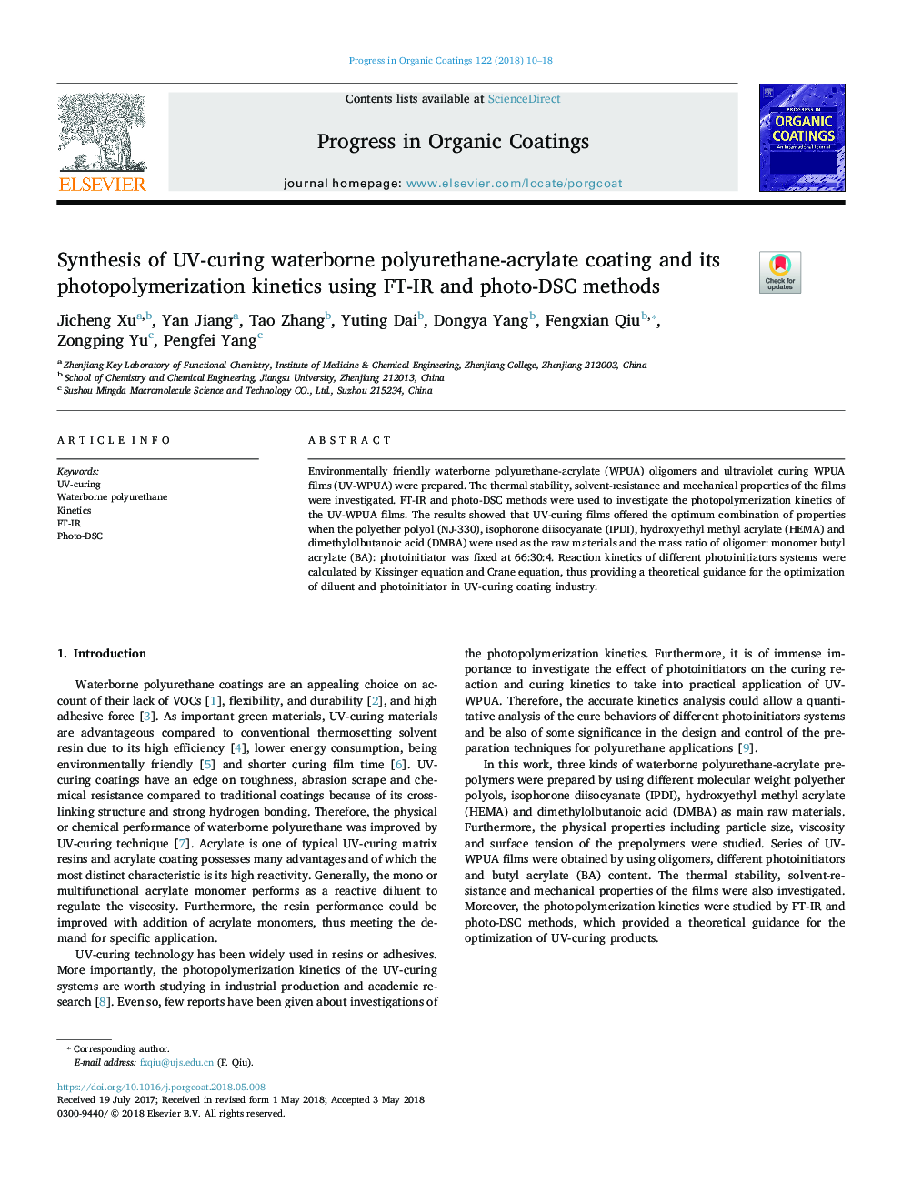 Synthesis of UV-curing waterborne polyurethane-acrylate coating and its photopolymerization kinetics using FT-IR and photo-DSC methods