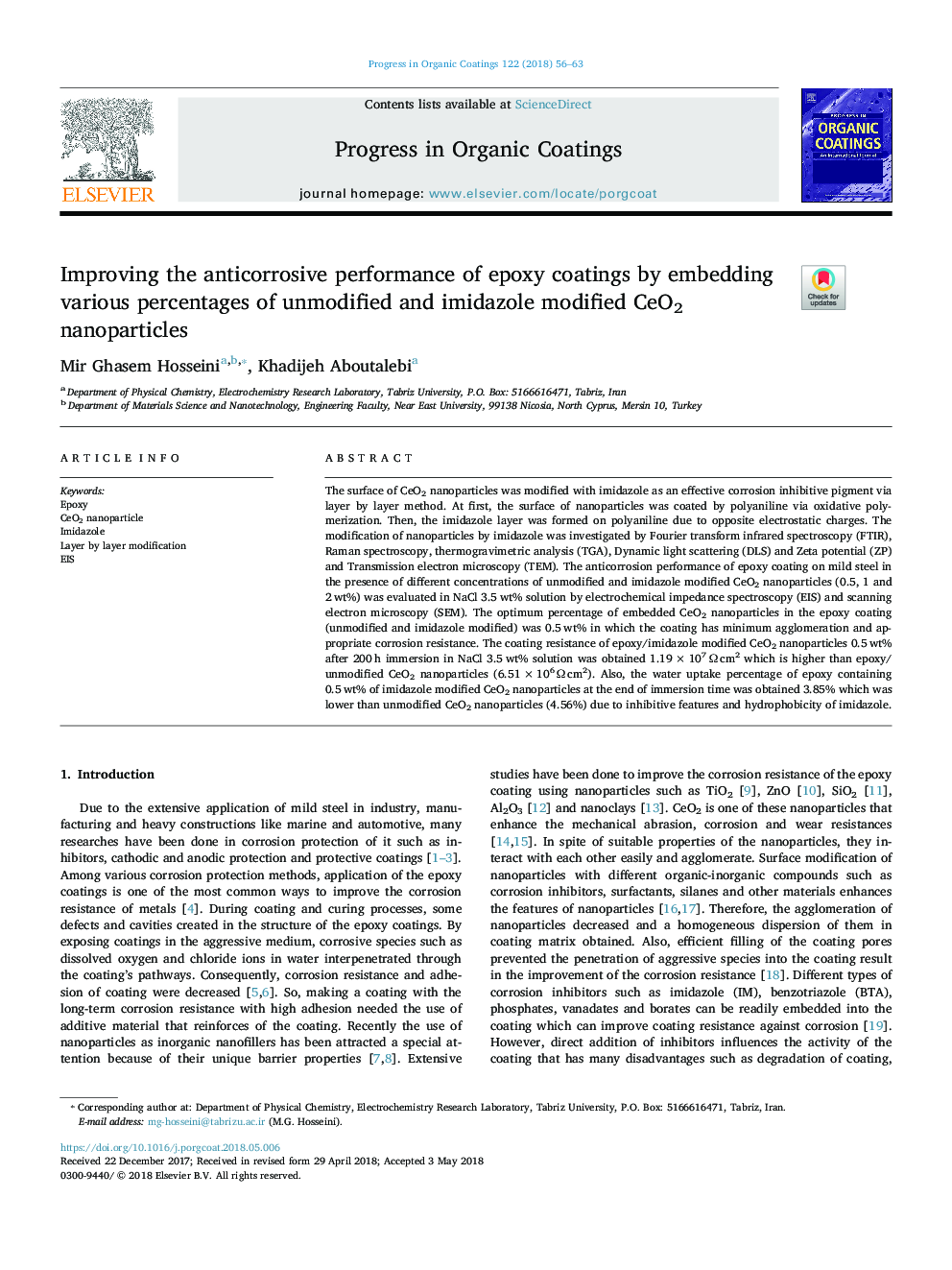 Improving the anticorrosive performance of epoxy coatings by embedding various percentages of unmodified and imidazole modified CeO2 nanoparticles