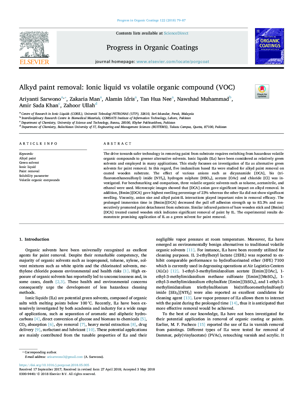 Alkyd paint removal: Ionic liquid vs volatile organic compound (VOC)