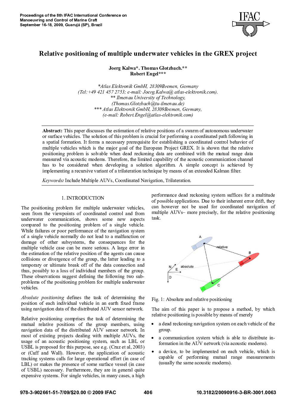 Relative positioning of multiple underwater vehicles in the GREX project