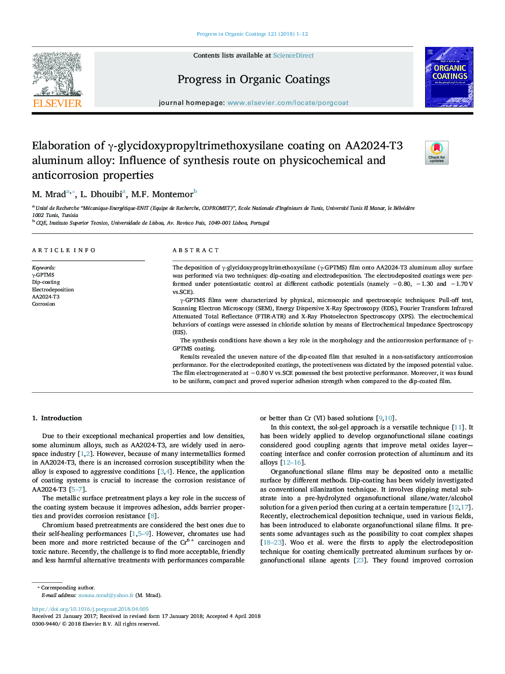 Elaboration of Î³-glycidoxypropyltrimethoxysilane coating on AA2024-T3 aluminum alloy: Influence of synthesis route on physicochemical and anticorrosion properties