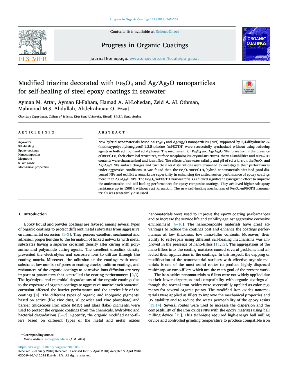 Modified triazine decorated with Fe3O4 and Ag/Ag2O nanoparticles for self-healing of steel epoxy coatings in seawater