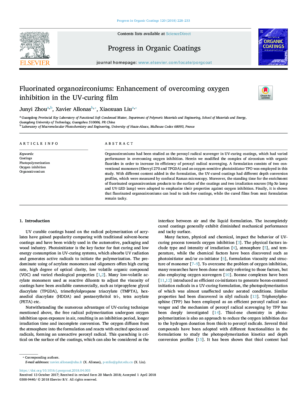 Fluorinated organozirconiums: Enhancement of overcoming oxygen inhibition in the UV-curing film