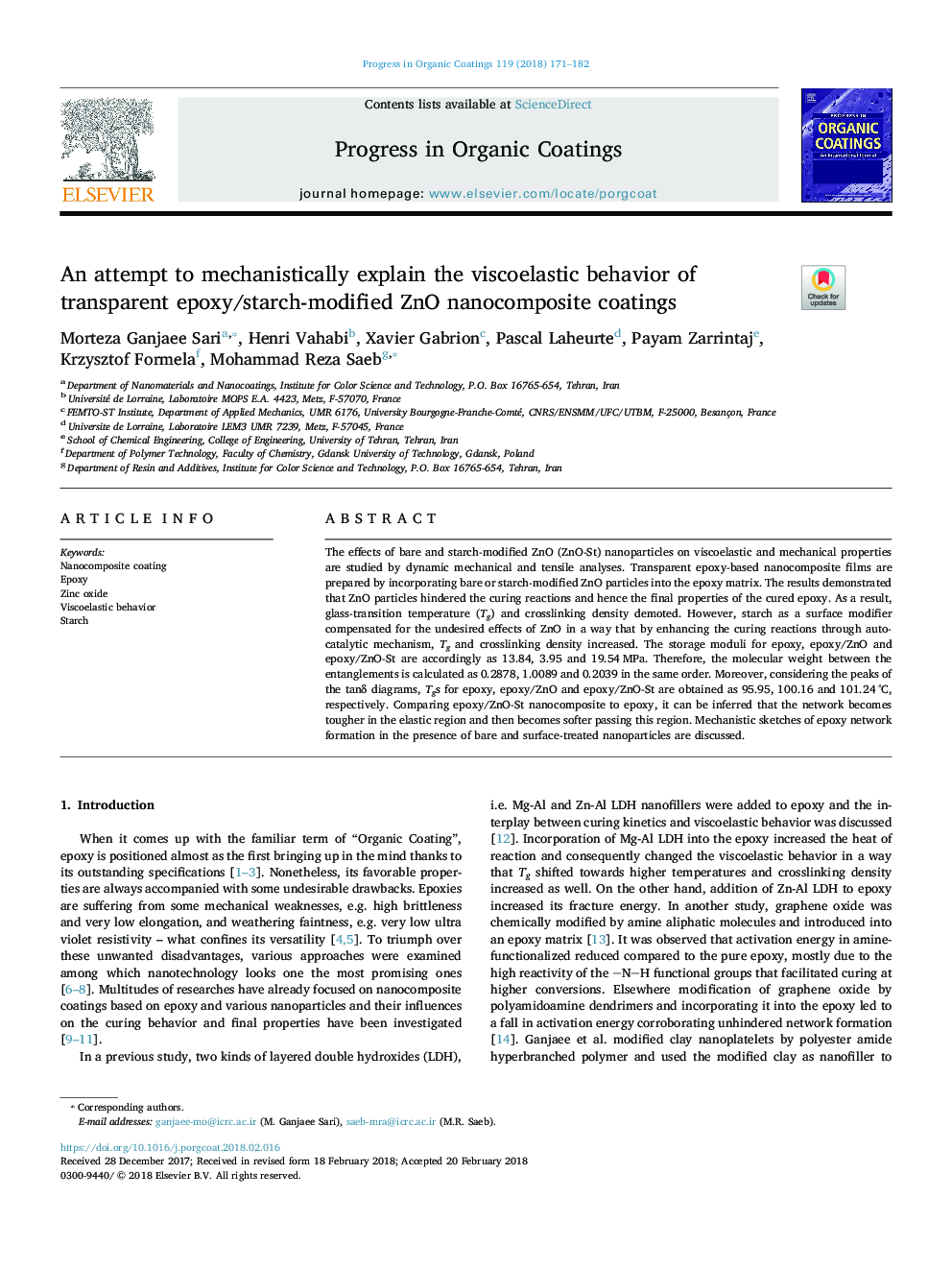 An attempt to mechanistically explain the viscoelastic behavior of transparent epoxy/starch-modified ZnO nanocomposite coatings