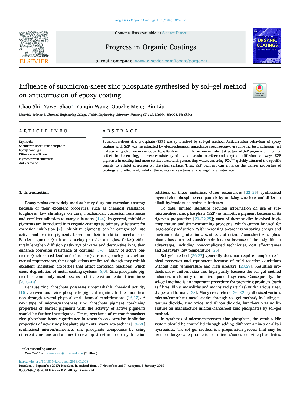 Influence of submicron-sheet zinc phosphate synthesised by sol-gel method on anticorrosion of epoxy coating