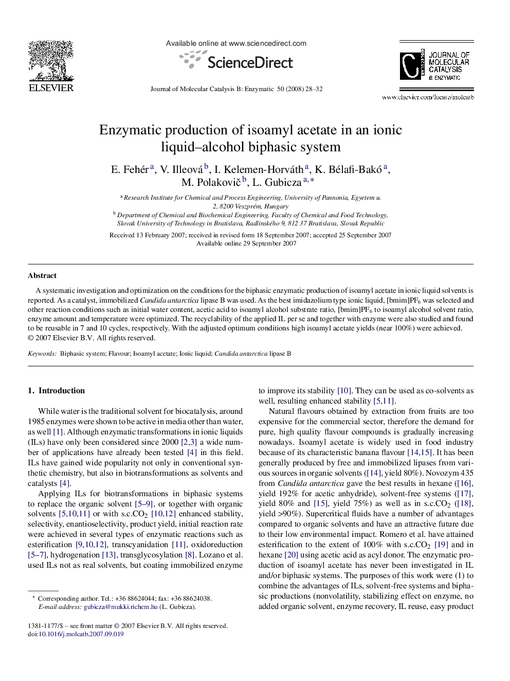 Enzymatic production of isoamyl acetate in an ionic liquid–alcohol biphasic system