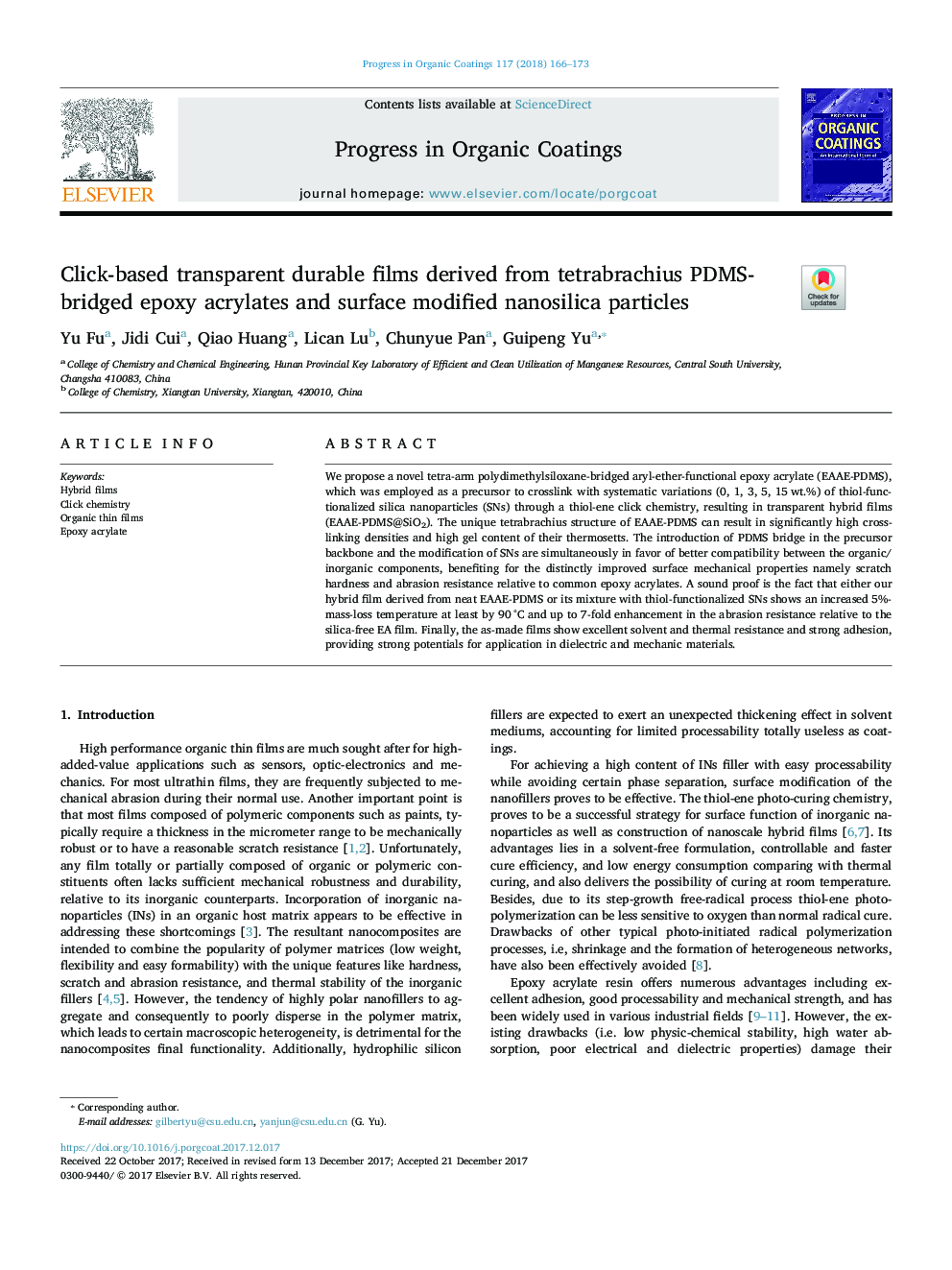 Click-based transparent durable films derived from tetrabrachius PDMS-bridged epoxy acrylates and surface modified nanosilica particles