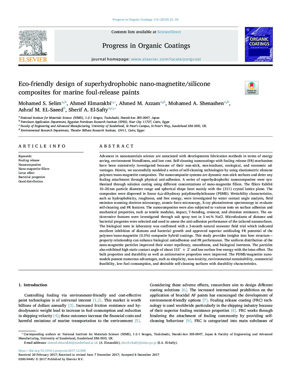 Eco-friendly design of superhydrophobic nano-magnetite/silicone composites for marine foul-release paints