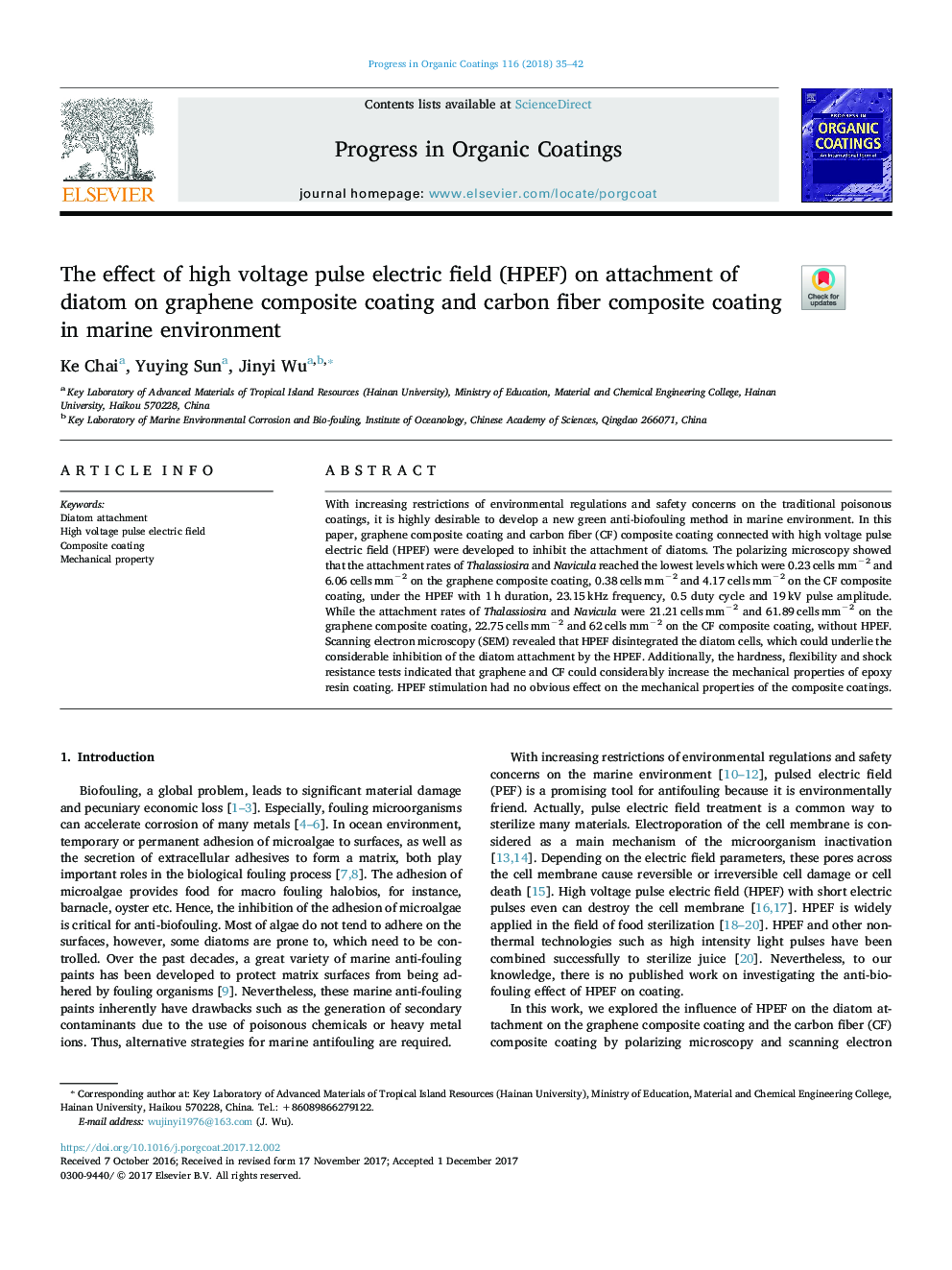 The effect of high voltage pulse electric field (HPEF) on attachment of diatom on graphene composite coating and carbon fiber composite coating in marine environment