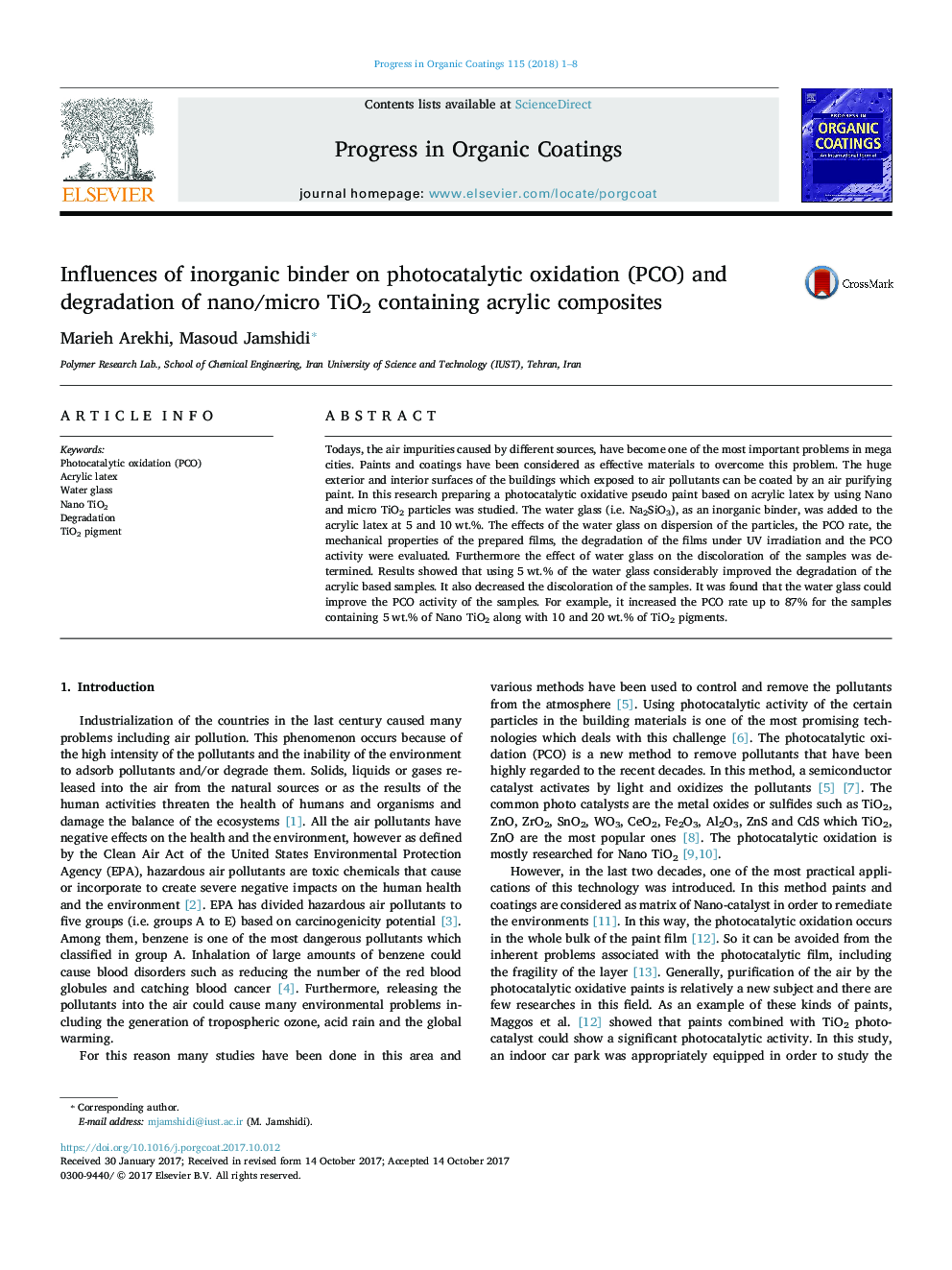 Influences of inorganic binder on photocatalytic oxidation (PCO) and degradation of nano/micro TiO2 containing acrylic composites