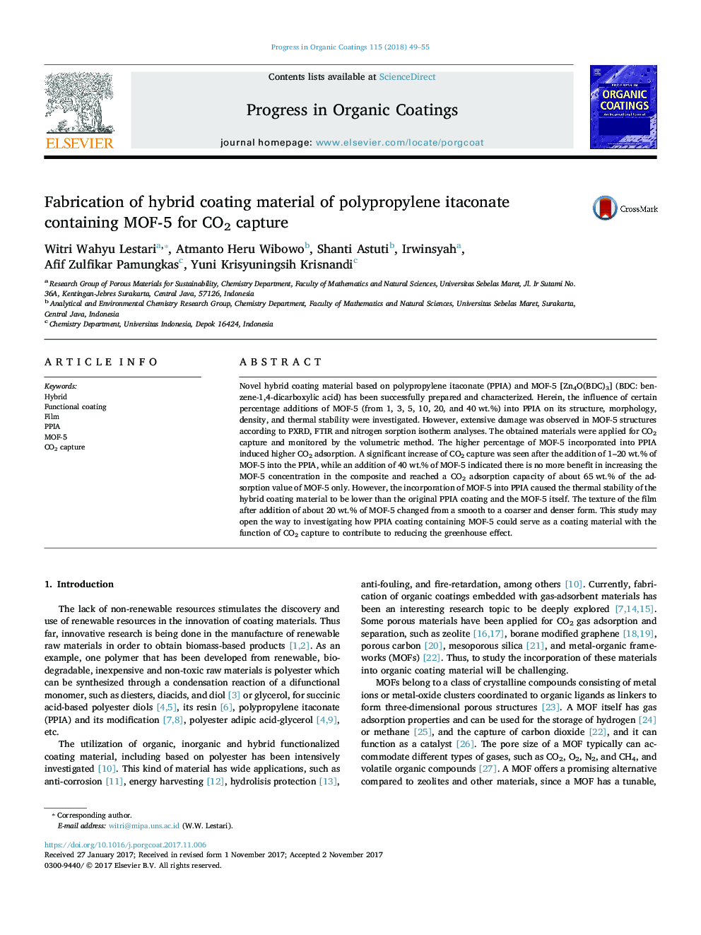 Fabrication of hybrid coating material of polypropylene itaconate containing MOF-5 for CO2 capture