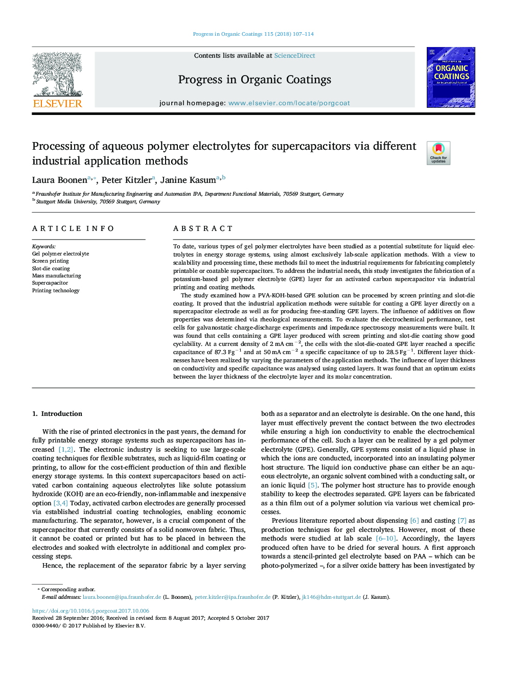 Processing of aqueous polymer electrolytes for supercapacitors via different industrial application methods