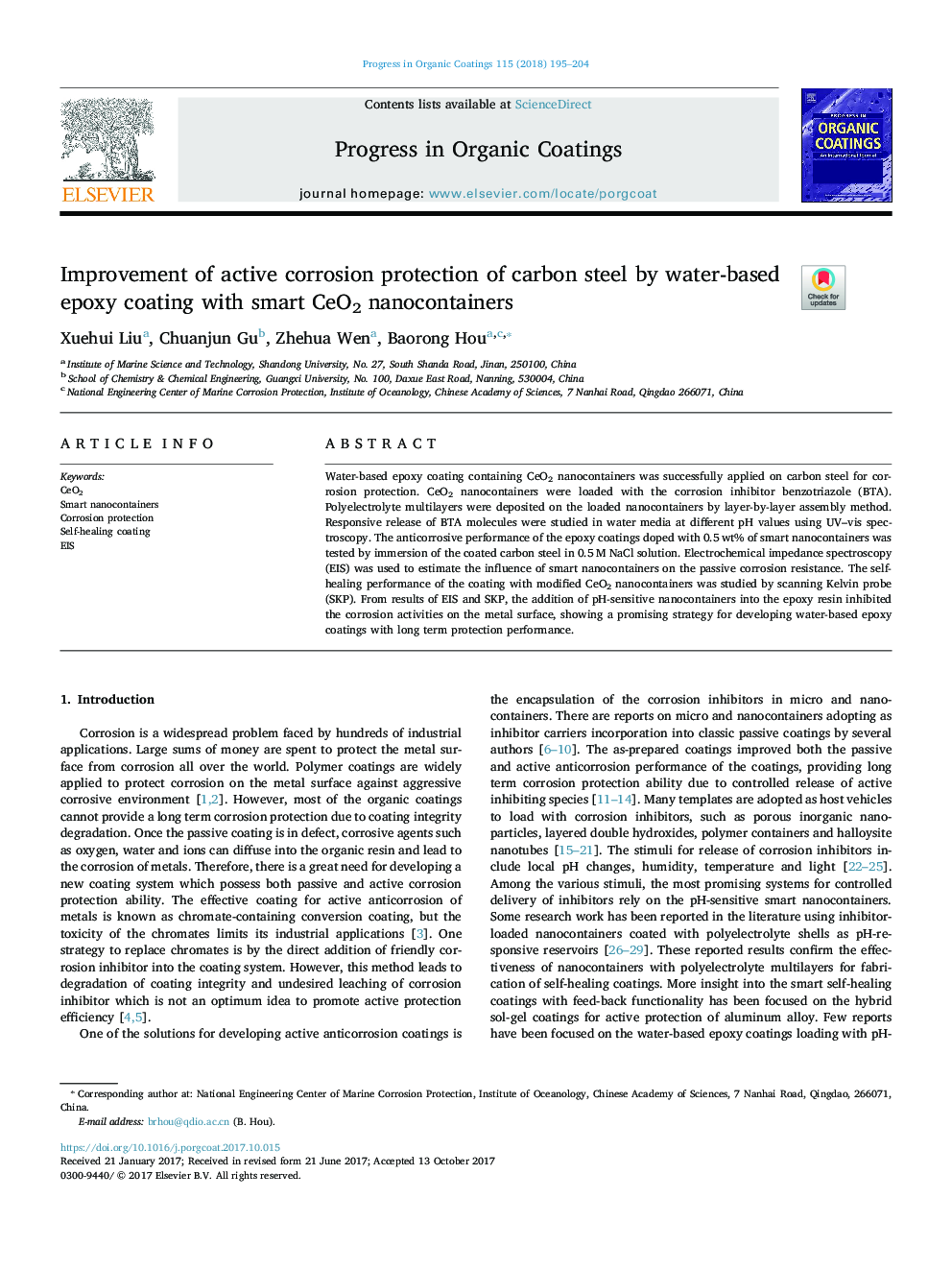 Improvement of active corrosion protection of carbon steel by water-based epoxy coating with smart CeO2 nanocontainers