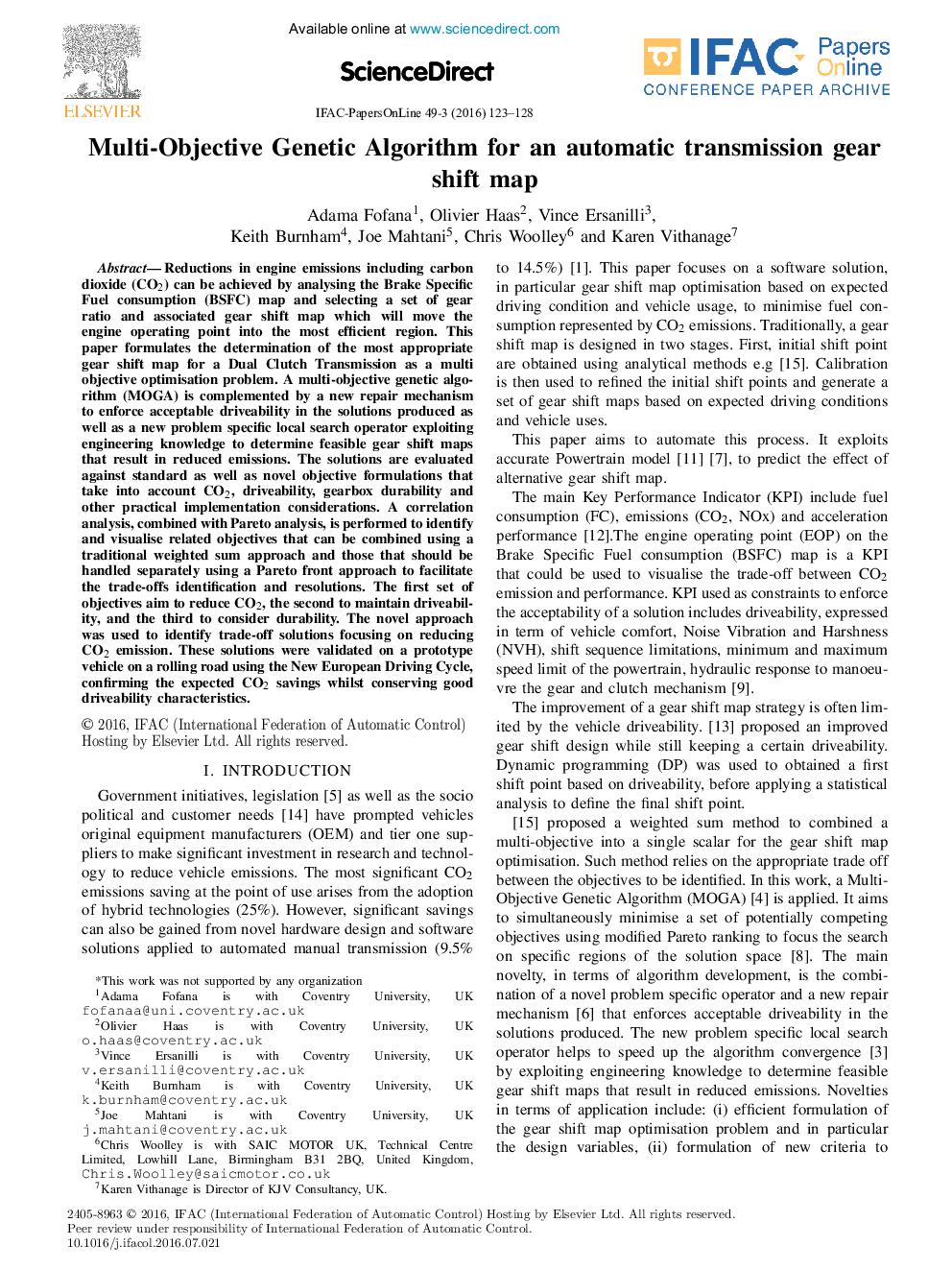 Multi-Objective Genetic Algorithm for an automatic transmission gear shift map