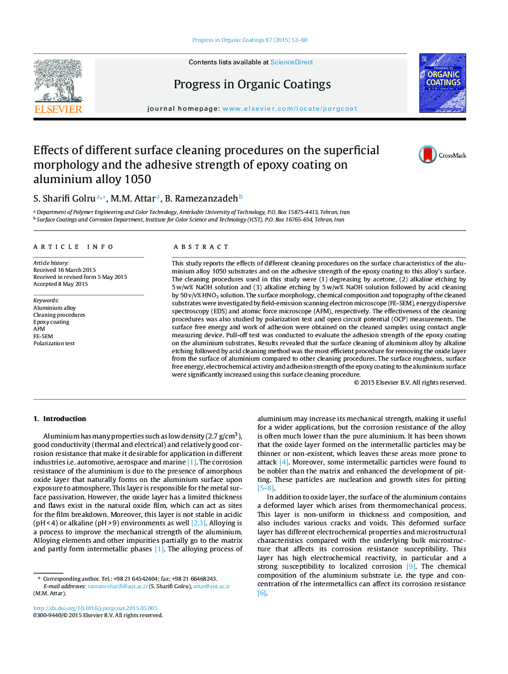 Effects of different surface cleaning procedures on the superficial morphology and the adhesive strength of epoxy coating on aluminium alloy 1050