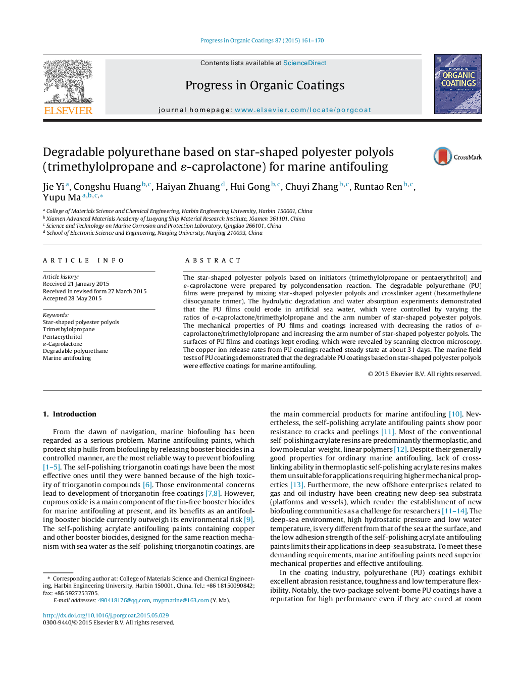 Degradable polyurethane based on star-shaped polyester polyols (trimethylolpropane and É-caprolactone) for marine antifouling