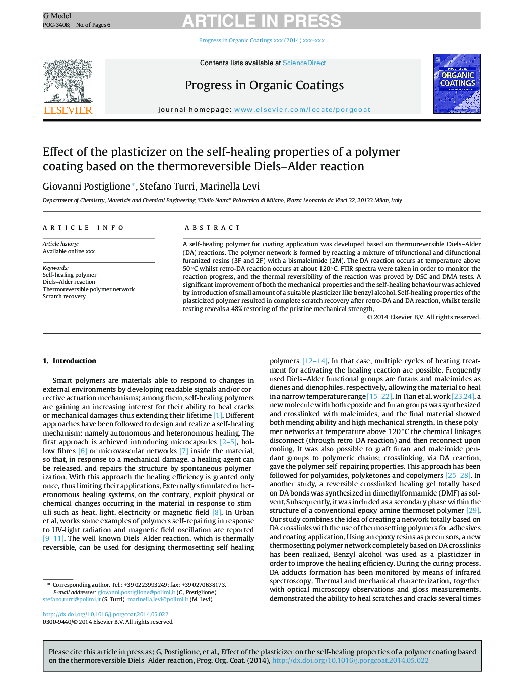 Effect of the plasticizer on the self-healing properties of a polymer coating based on the thermoreversible Diels-Alder reaction