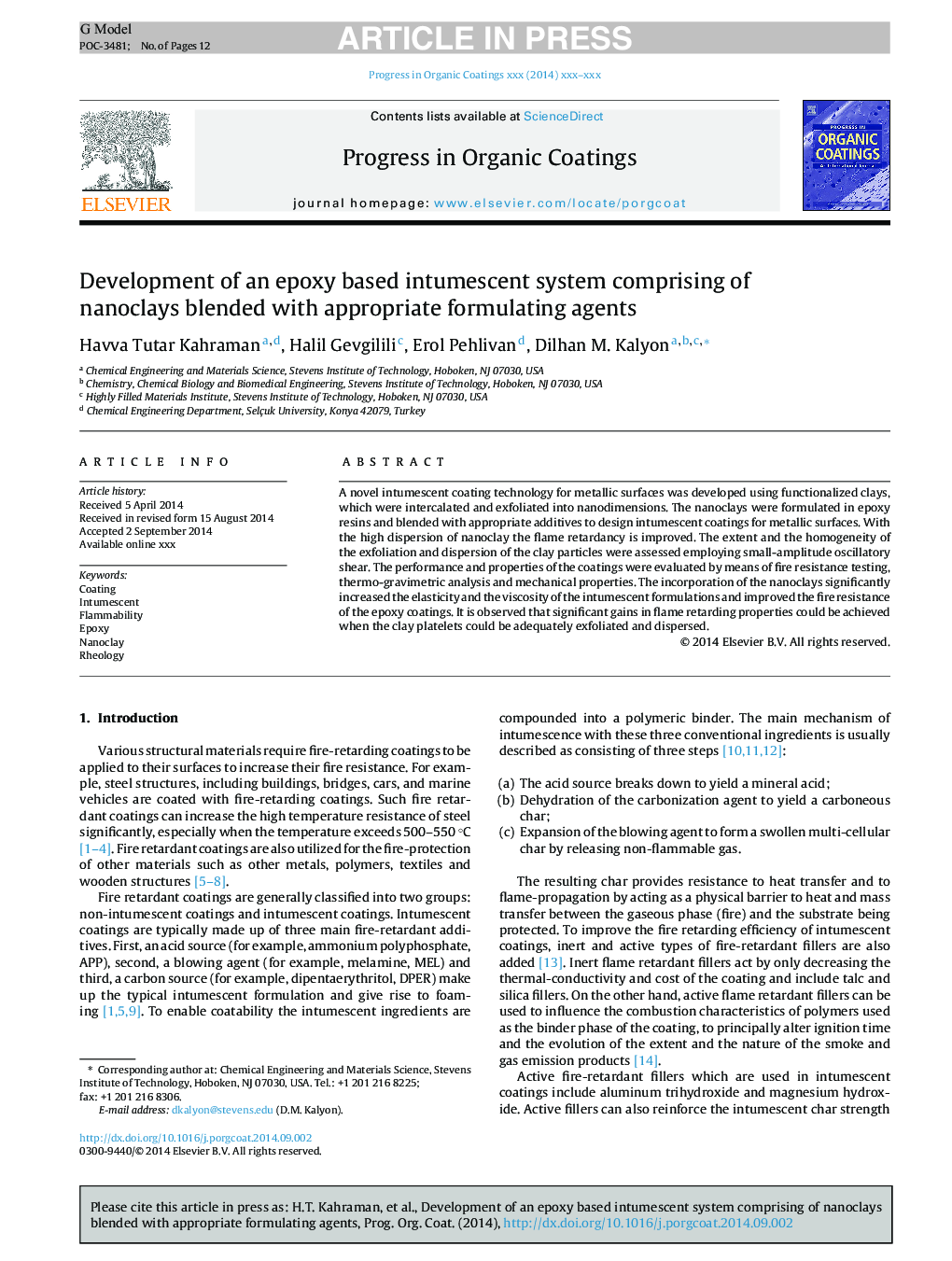 Development of an epoxy based intumescent system comprising of nanoclays blended with appropriate formulating agents