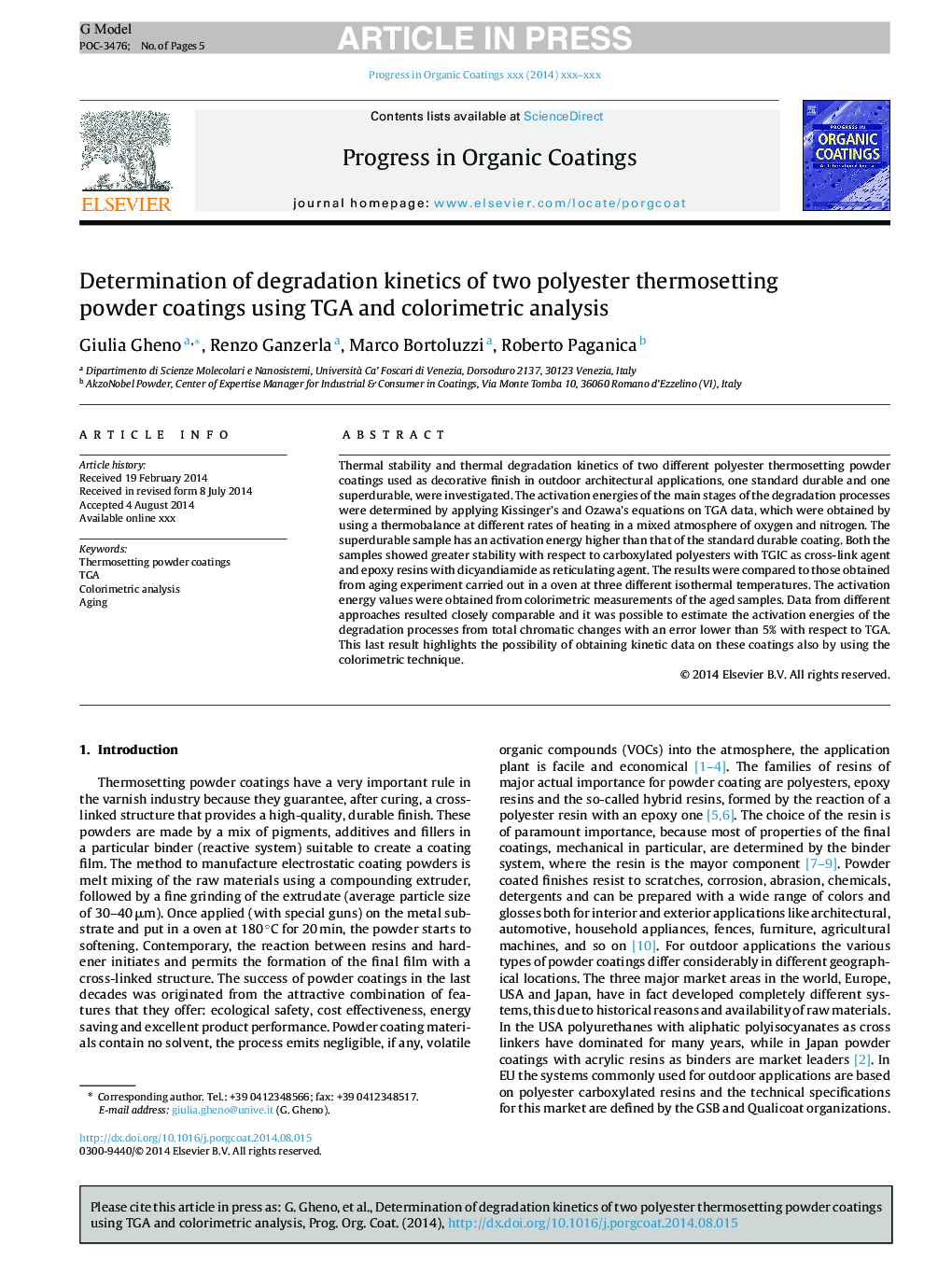 Determination of degradation kinetics of two polyester thermosetting powder coatings using TGA and colorimetric analysis