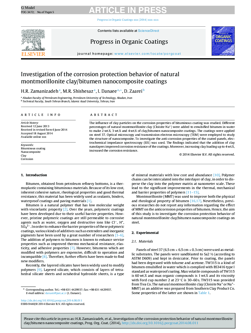 Investigation of the corrosion protection behavior of natural montmorillonite clay/bitumen nanocomposite coatings