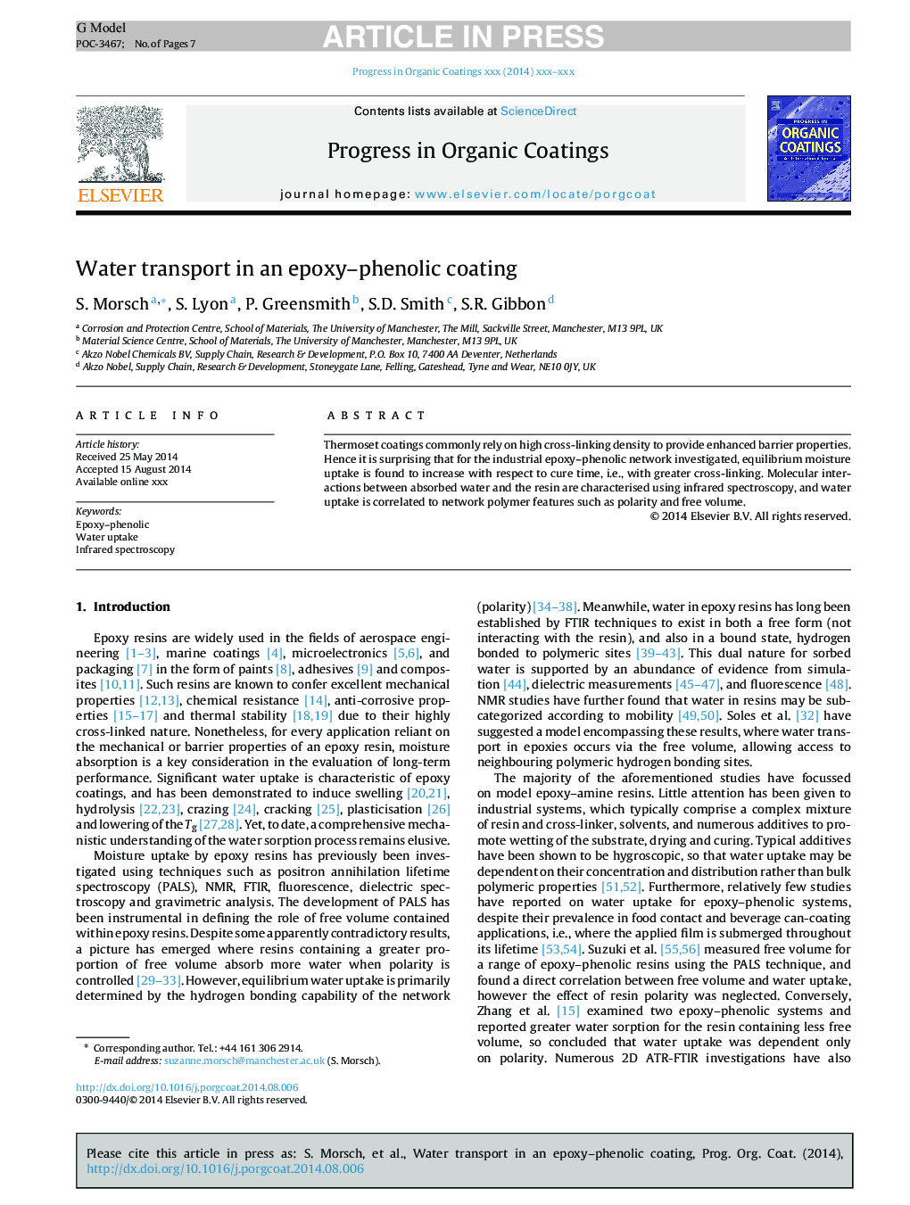 Water transport in an epoxy-phenolic coating