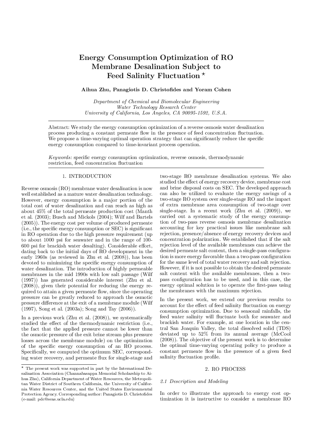 Energy Consumption Optimization of RO Membrane Desalination Subject to Feed Salinity Fluctuation*