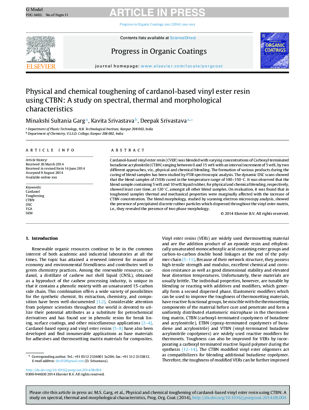 Physical and chemical toughening of cardanol-based vinyl ester resin using CTBN: A study on spectral, thermal and morphological characteristics