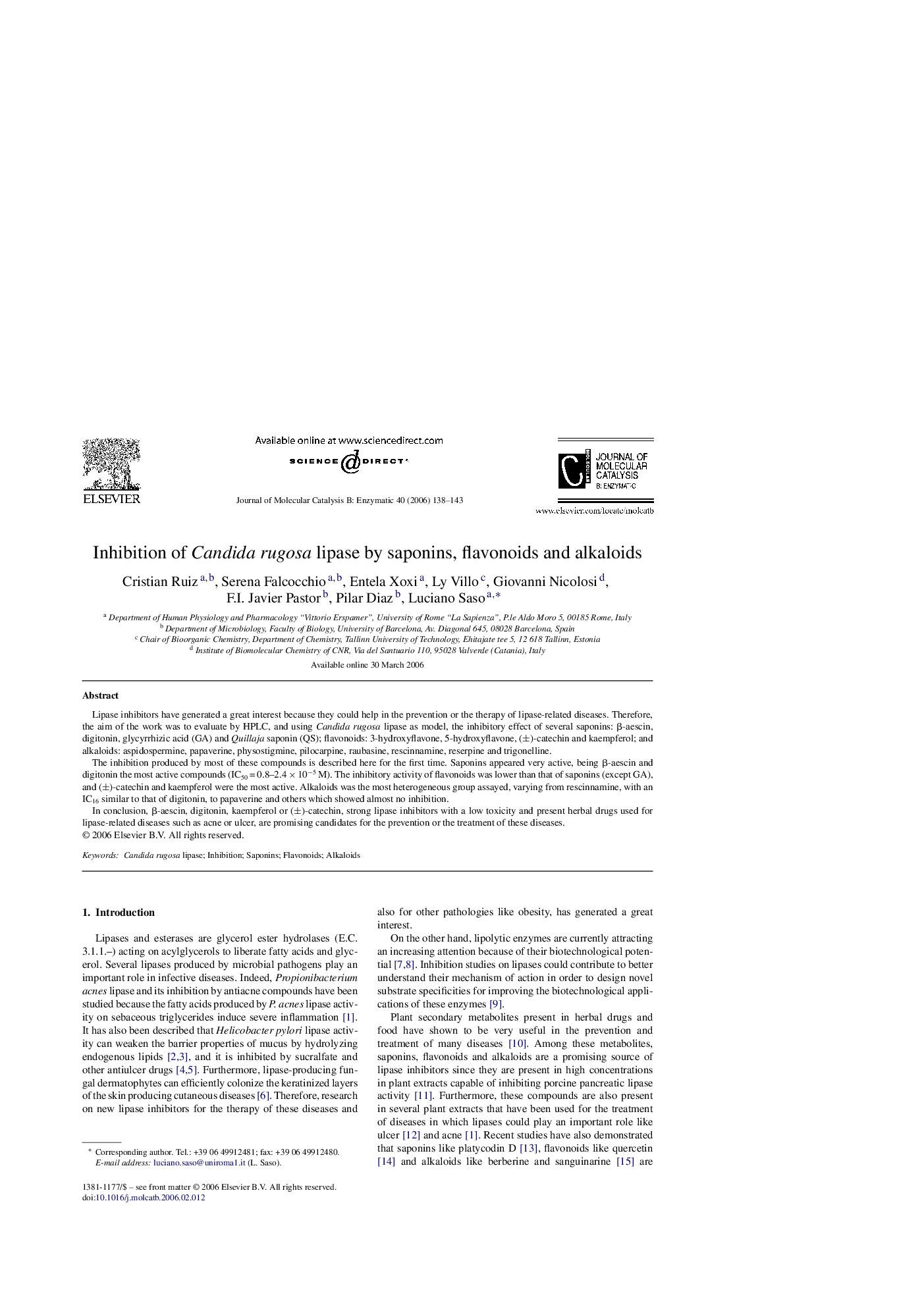 Inhibition of Candida rugosa lipase by saponins, flavonoids and alkaloids