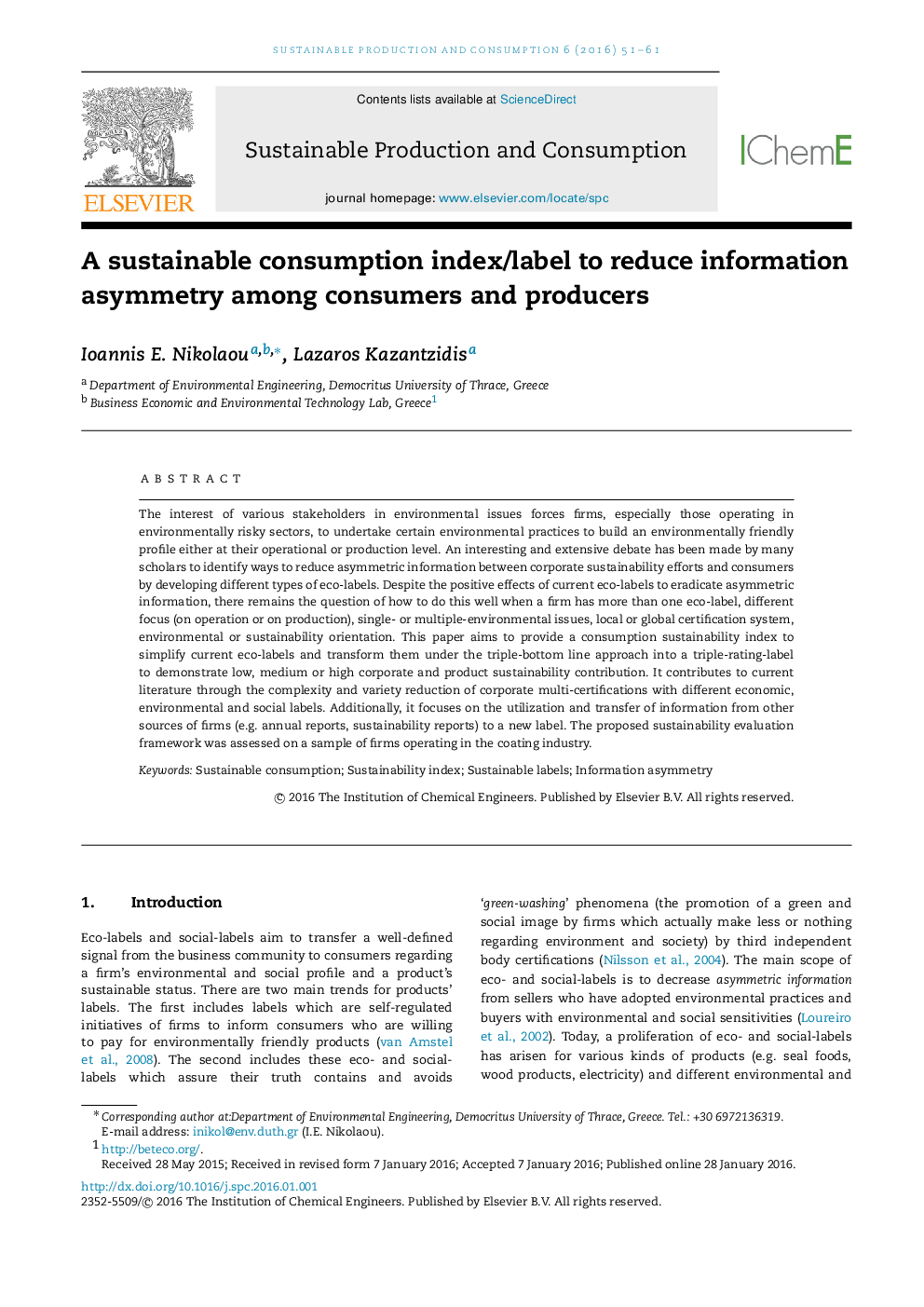 A sustainable consumption index/label to reduce information asymmetry among consumers and producers