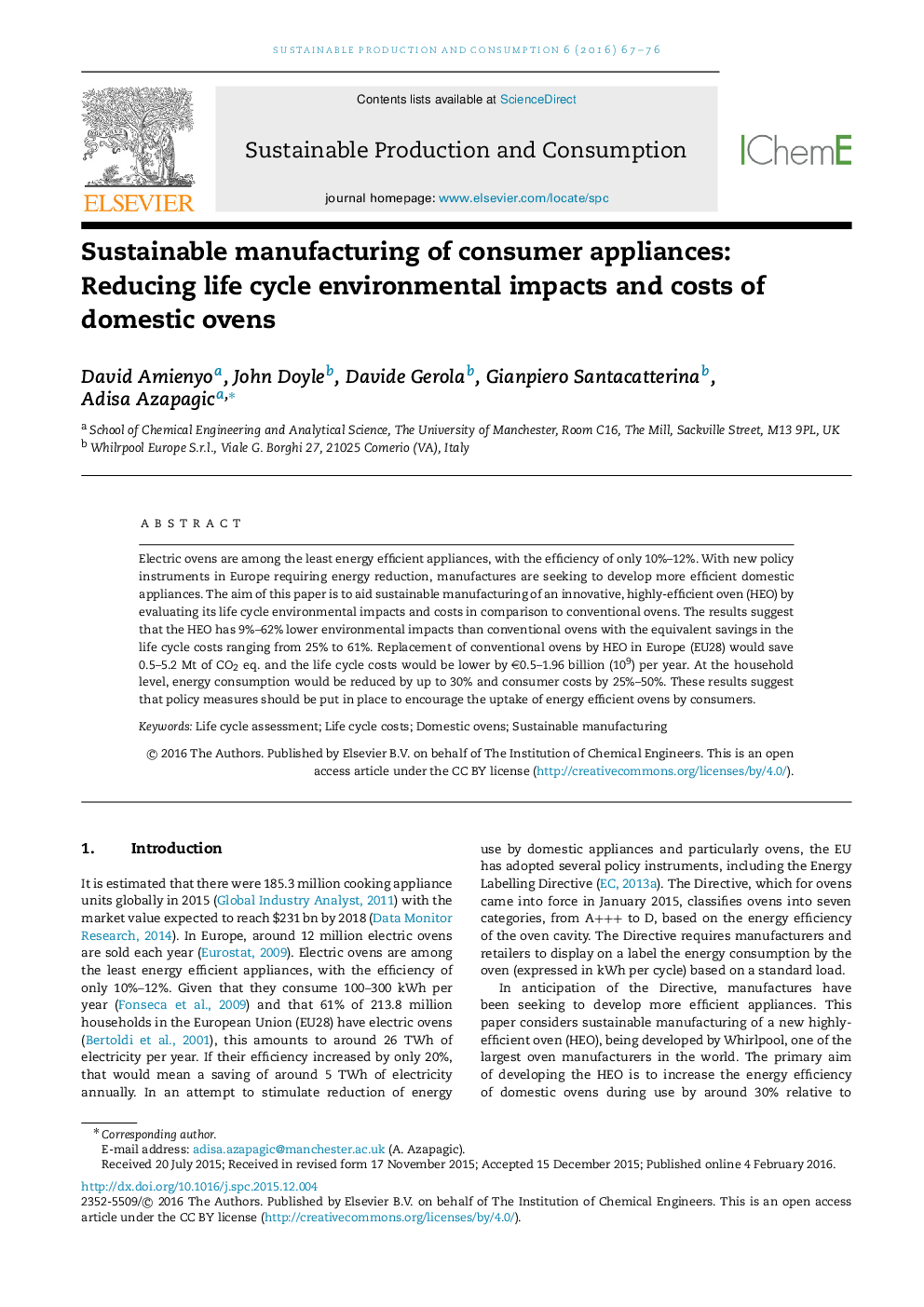 Sustainable manufacturing of consumer appliances: Reducing life cycle environmental impacts and costs of domestic ovens