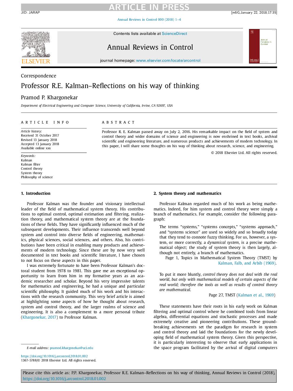 Professor R.E. Kalman-Reflections on his way of thinking