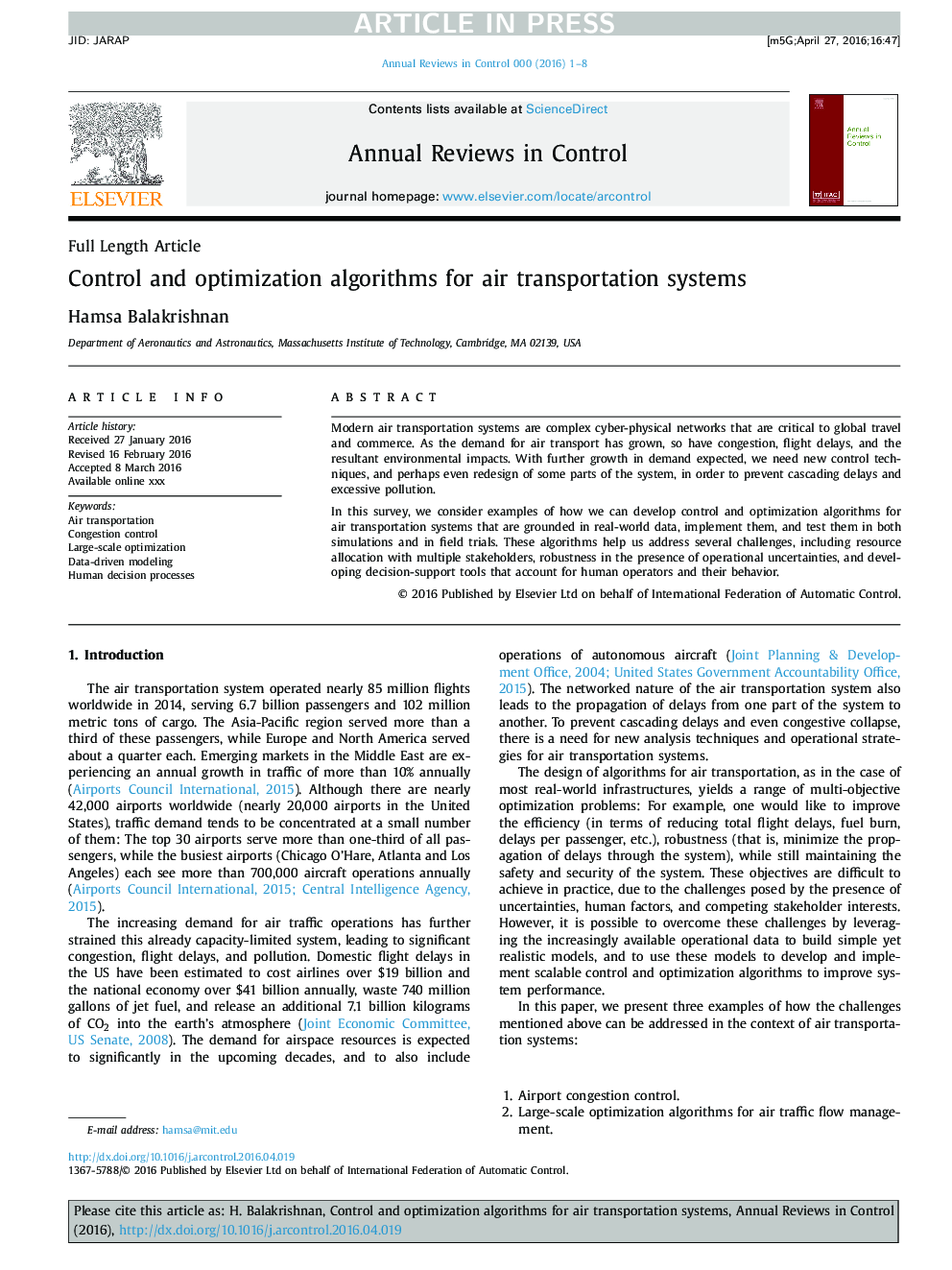 Control and optimization algorithms for air transportation systems