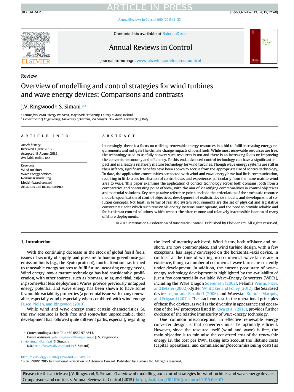 Overview of modelling and control strategies for wind turbines and wave energy devices: Comparisons and contrasts