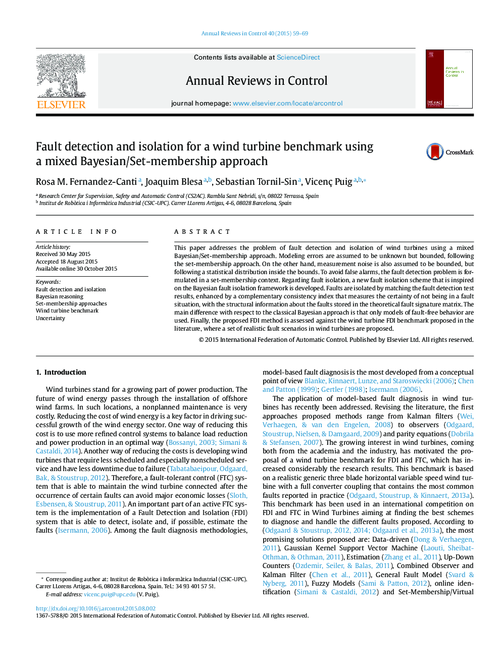 Fault detection and isolation for a wind turbine benchmark using a mixed Bayesian/Set-membership approach