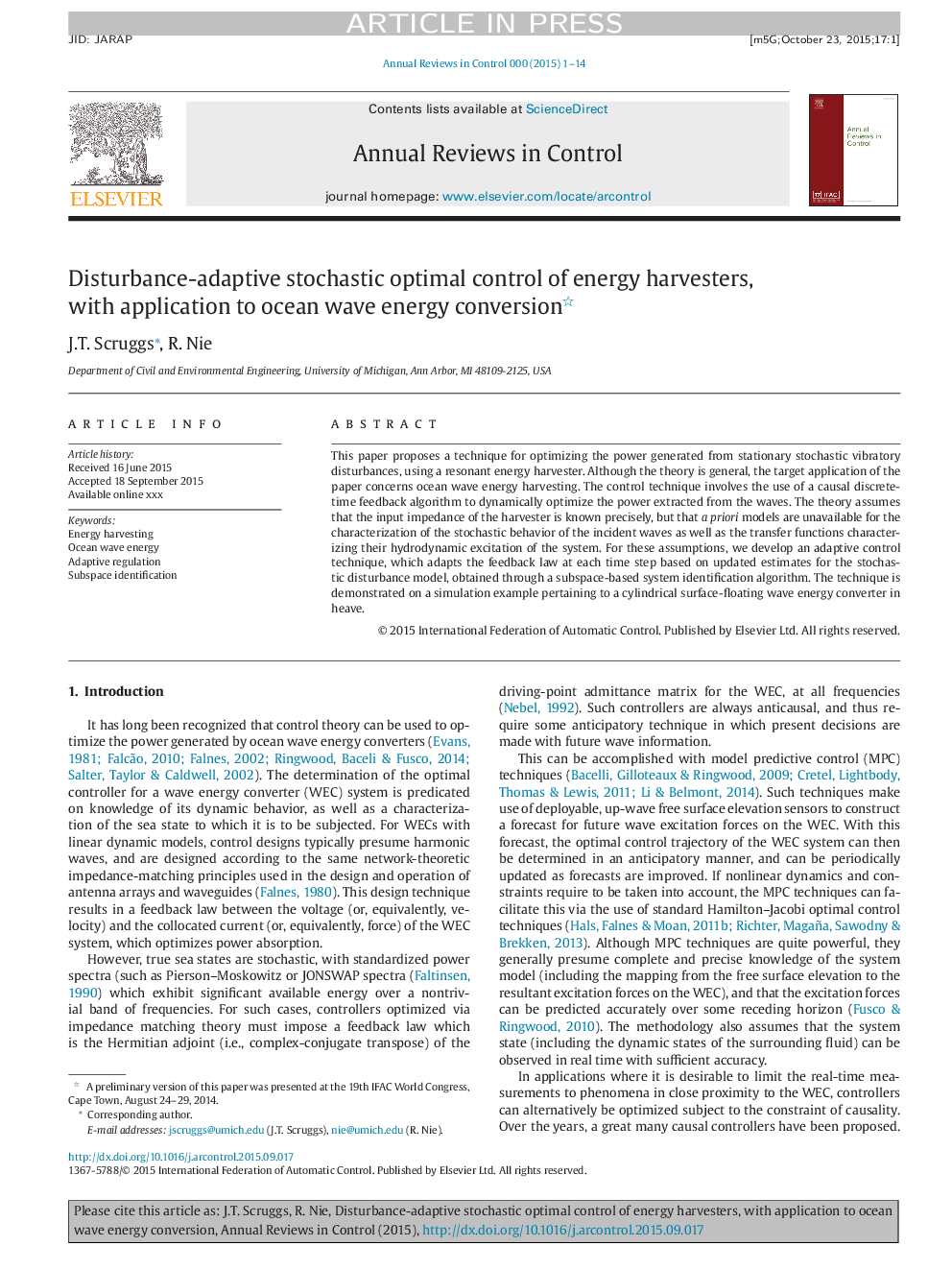 Disturbance-adaptive stochastic optimal control of energy harvesters, with application to ocean wave energy conversion