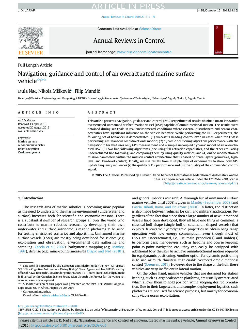 Navigation, guidance and control of an overactuated marine surface vehicle