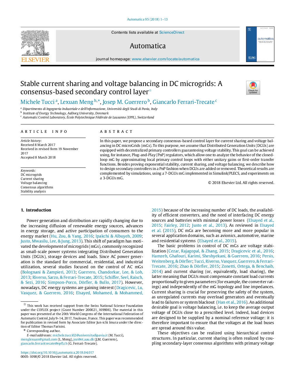 Stable current sharing and voltage balancing in DC microgrids: A consensus-based secondary control layer